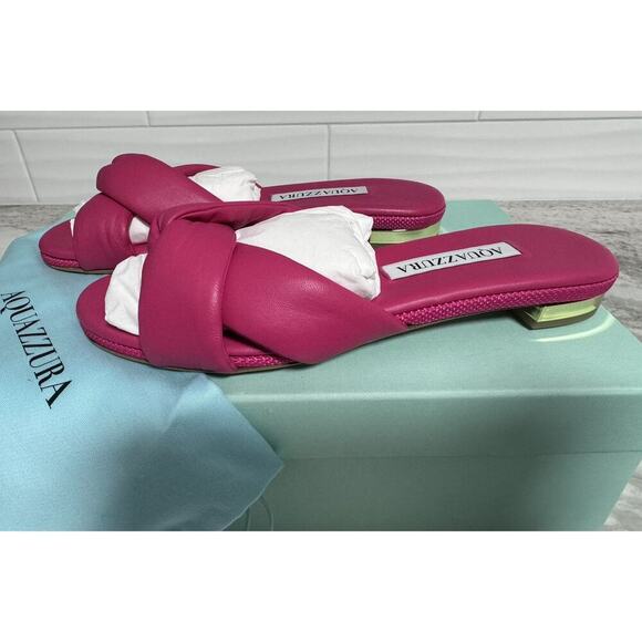 New Aquazzura Olie Pink Soft Leather Raffia Flat Slide on Sandals Size 35 - Picture 5 of 12